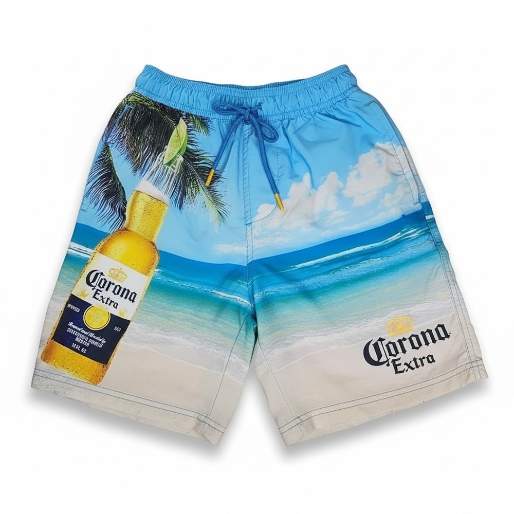 Corona Extra Mens Swim Trunks Small Blue Tropical Beach Beer Graphic Shorts